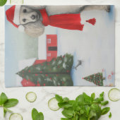 雪のクリスマスにプードル犬 キッチンタオル (折り畳み)