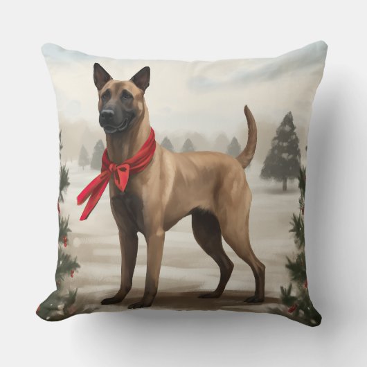 雪のクリスマスにベルギーのマリノワンドッグ クッション (正面)