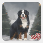雪のクリスマスにベルネーズマウンテンドッグ スクエアシール (正面)