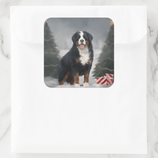 雪のクリスマスにベルネーズマウンテンドッグ スクエアシール (バッグ)