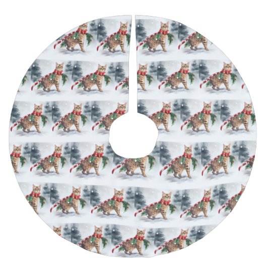 雪のクリスマスにベンガル猫 ブラッシュドポリエステルツリースカート (正面)