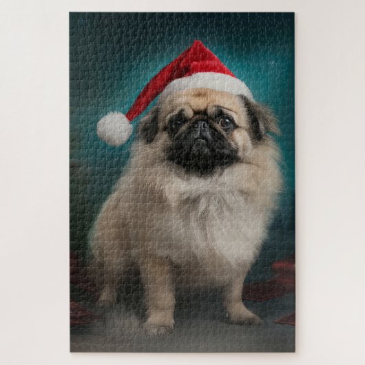 雪のクリスマスにペキン犬 ジグソーパズル (縦)