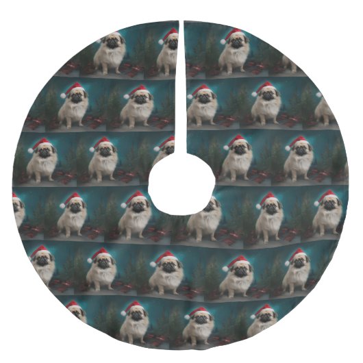 雪のクリスマスにペキン犬 ブラッシュドポリエステルツリースカート (正面)