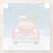 雪のクリスマスにボストンテリア犬の車を運転 ガラスコースター (裏面)