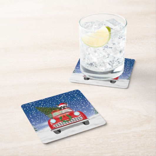 雪のクリスマスにボストンテリア犬の車を運転 スクエアペーパーコースター (インサイチュ)