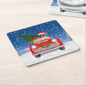 雪のクリスマスにボストンテリア犬の車を運転 スクエアペーパーコースター (アングル)