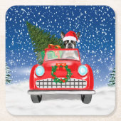 雪のクリスマスにボストンテリア犬の車を運転 スクエアペーパーコースター (正面)