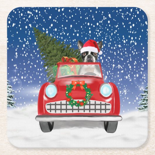 雪のクリスマスにボストンテリア犬の車を運転 スクエアペーパーコースター (正面)