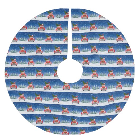 雪のクリスマスにボストンテリア犬の車を運転 ブラッシュドポリエステルツリースカート (正面)