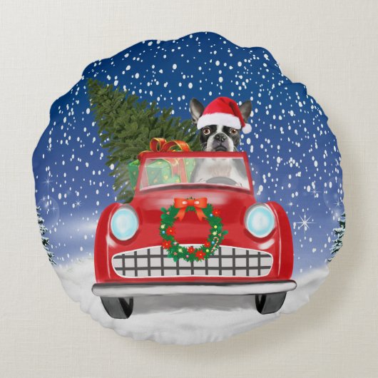 雪のクリスマスにボストンテリア犬の車を運転 ラウンドクッション (裏面)