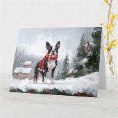 雪のクリスマスにボストンテリア犬 カード (黄色い花)