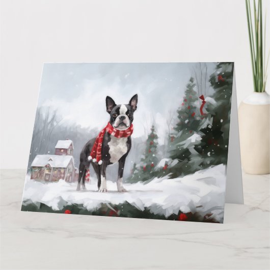 雪のクリスマスにボストンテリア犬 カード (正面)