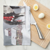 雪のクリスマスにボストンテリア犬 キッチンタオル (四つ折り)