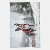 雪のクリスマスにボストンテリア犬 キッチンタオル (縦)