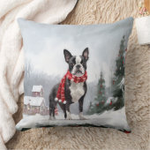 雪のクリスマスにボストンテリア犬 クッション (ブランケット)