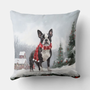 雪のクリスマスにボストンテリア犬 クッション