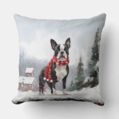 雪のクリスマスにボストンテリア犬 クッション (正面)