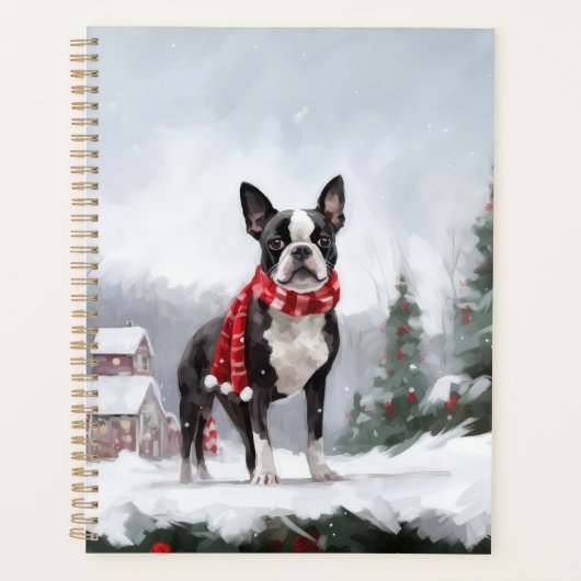 雪のクリスマスにボストンテリア犬 プランナー手帳 (正面)