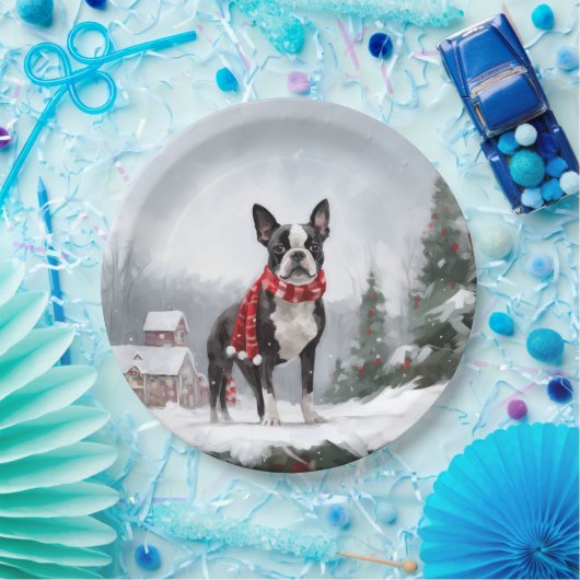 雪のクリスマスにボストンテリア犬 ペーパープレート (パーティー)
