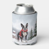 雪のクリスマスにボストンテリア犬 缶クーラー (缶正面)