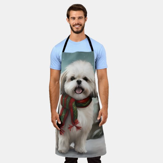 雪のクリスマスにマルティ・チュ・ドッグ エプロン (着用した状態)