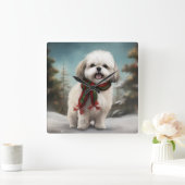 雪のクリスマスにマルティ・チュ・ドッグ スクエア壁時計 (ホーム)