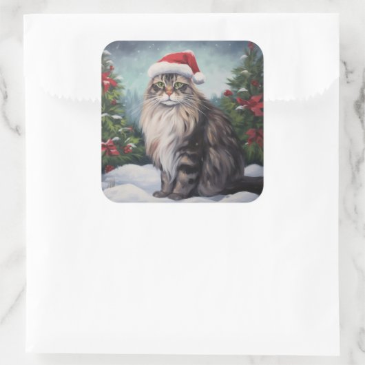 雪のクリスマスにメインのクーンキャット スクエアシール (バッグ)