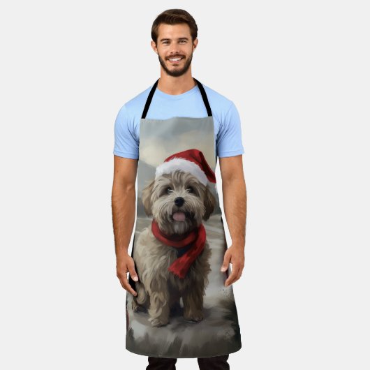 雪のクリスマスにヨーキポー犬 エプロン (着用した状態)