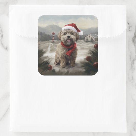 雪のクリスマスにヨーキポー犬 スクエアシール (バッグ)