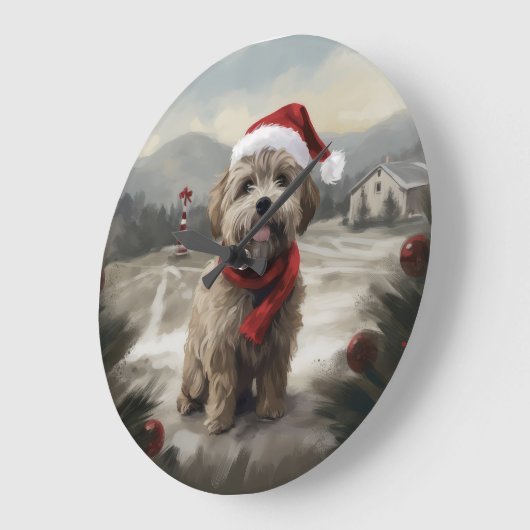 雪のクリスマスにヨーキポー犬 ラージ壁時計 (傾斜)