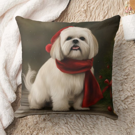 雪のクリスマスにラサ・アッソ犬 クッション (ブランケット)