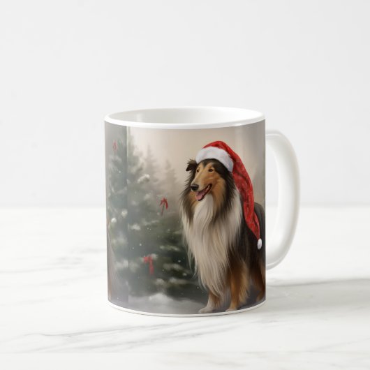 雪のクリスマスにラフなコリー犬 コーヒーマグカップ (正面右)