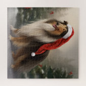 雪のクリスマスにラフなコリー犬 ジグソーパズル (横)