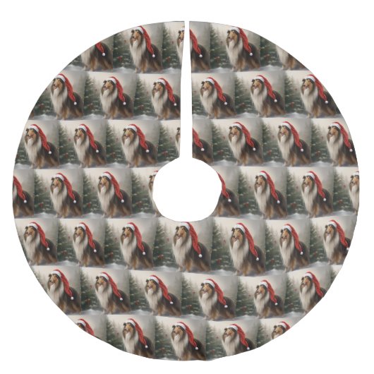 雪のクリスマスにラフなコリー犬 ブラッシュドポリエステルツリースカート (正面)