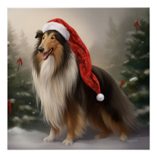 雪のクリスマスにラフなコリー犬 ポスター