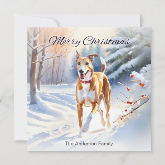 雪のクリスマスに明るい赤い子犬グレイハウンド犬 シーズンカード (正面)