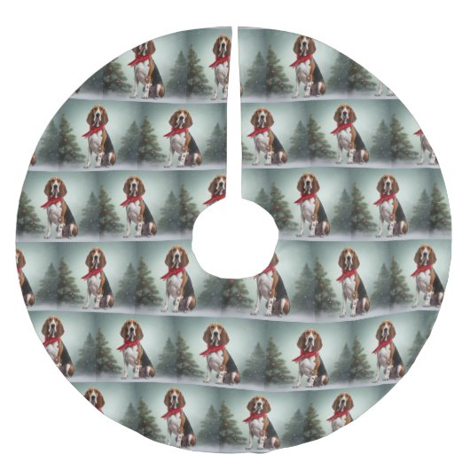 雪のクリスマスに犬を探すトレイング・ウォーカーコンハウンド ブラッシュドポリエステルツリースカート (正面)