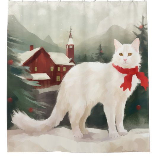 雪のクリスマスに登場するトルコのアンゴラ猫 シャワーカーテン (正面)