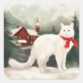 雪のクリスマスに登場するトルコのアンゴラ猫 スクエアシール (正面)