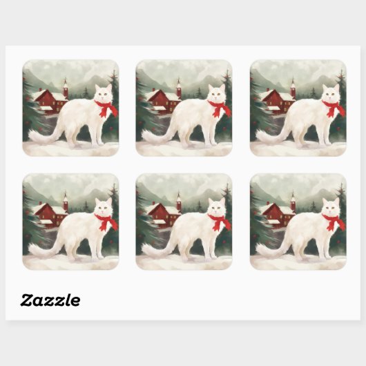 雪のクリスマスに登場するトルコのアンゴラ猫 スクエアシール (シート)