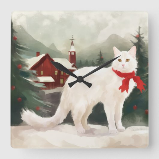 雪のクリスマスに登場するトルコのアンゴラ猫 スクエア壁時計 (正面)