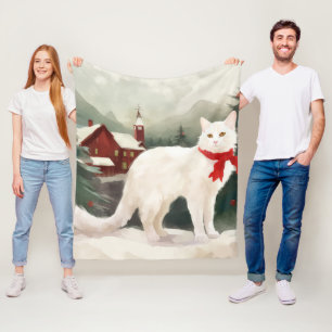 雪のクリスマスに登場するトルコのアンゴラ猫 フリースブランケット