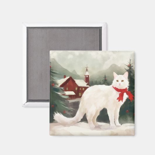 雪のクリスマスに登場するトルコのアンゴラ猫 マグネット (正面/裏面)