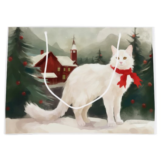雪のクリスマスに登場するトルコのアンゴラ猫 ラージペーパーバッグ (正面)