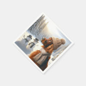 雪のクリスマスに立つアイリッシュセッターと雪だるま スタンダードカクテルナプキン (角)