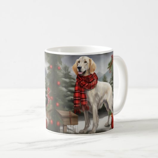 雪のクリスマスに英語のセッター犬 コーヒーマグカップ (正面右)