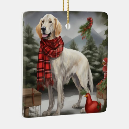 雪のクリスマスに英語のセッター犬 セラミックオーナメント (右)