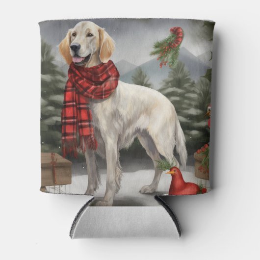 雪のクリスマスに英語のセッター犬 缶クーラー (正面)