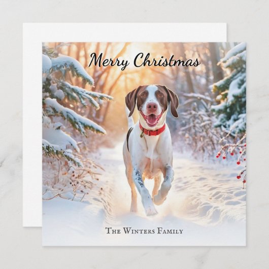 雪のクリスマスに英語のポインタードッグ歩く シーズンカード (正面/裏面)