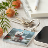 雪のクリスマスに西ハイランドホワイトテリア犬 キーホルダー (正面右)